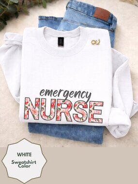 RN Nurse Sweatshirt Floral Emergency Nurse Crewneck White Cozy Sweatshirt